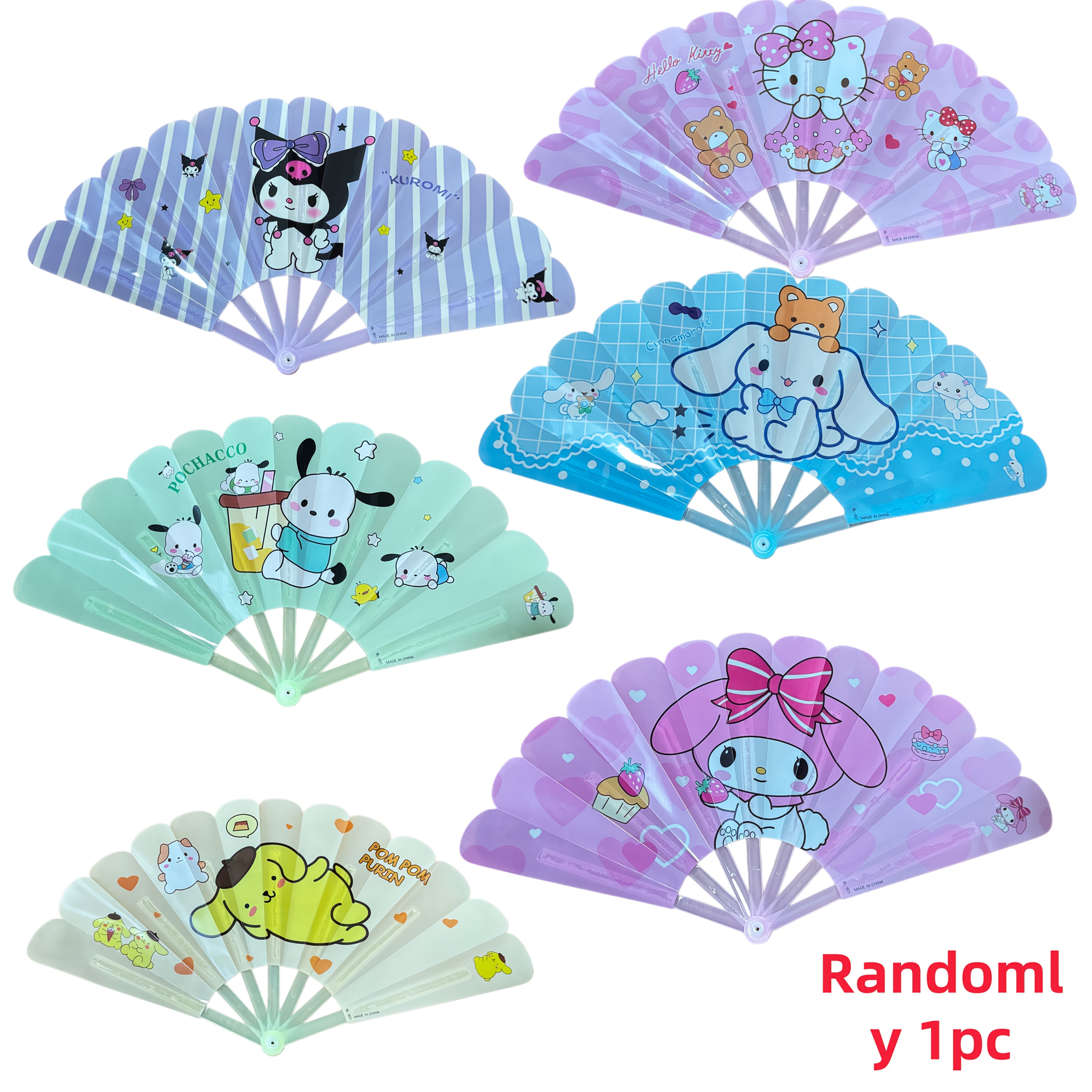 E-shop Ein zufälliger faltbarer Sanrio-Fan, ideal für die tragbare Sommerverwendung, mit den niedlichen Melody, Kitty Cat- und -Cartoon-Designs. Er ist