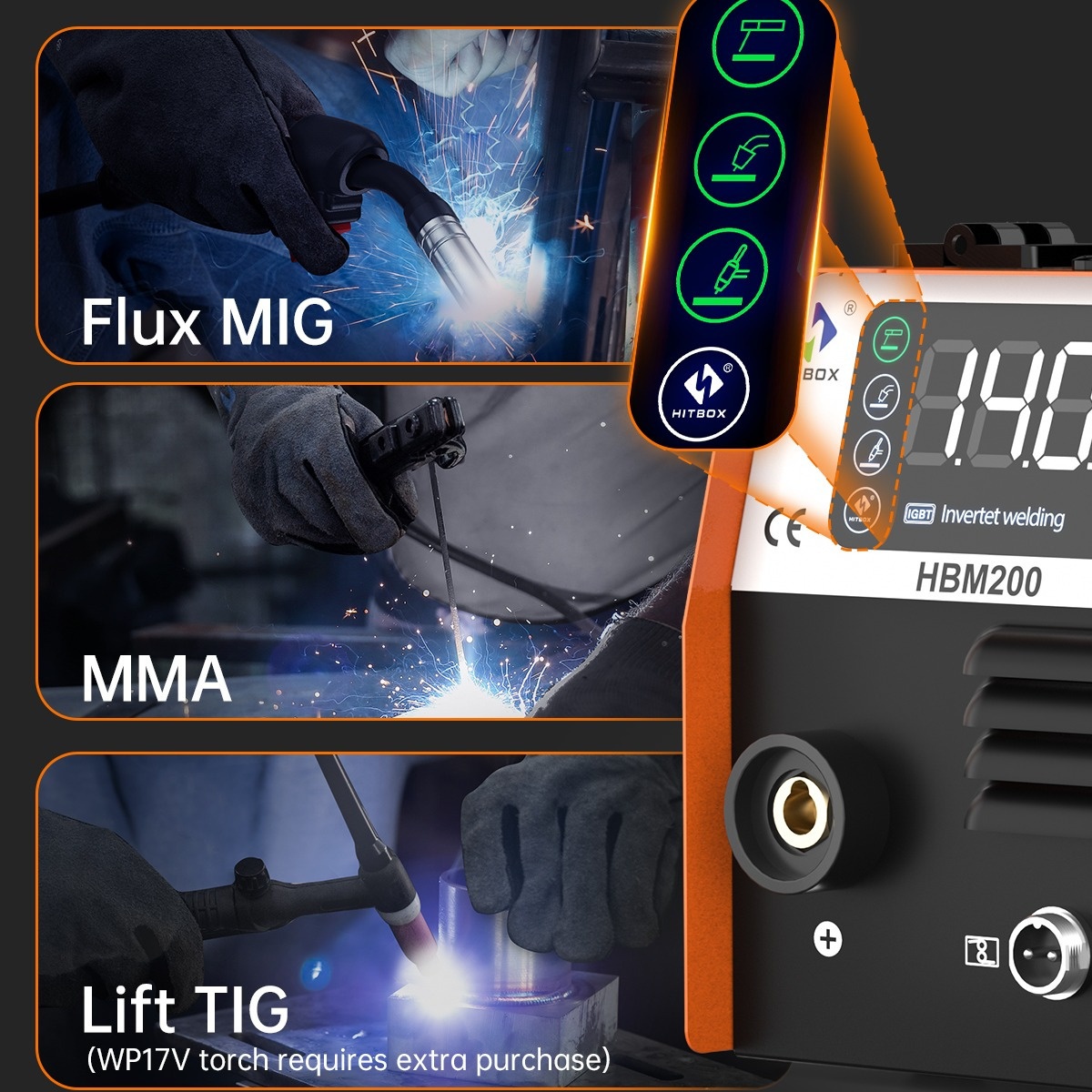 HITBOX Multi-Process Welder Welding- MIG/TIG/Stick ARC, Portable 3-in-1, Industrial-Grade, Hot Start, Large LED Display 3 In1/MMA/Liftig/Mig Weld Stainless Steel, Iron, Carbon Steel, 110V 220V 200A Mig Gasless Tool MIG Welding Machine