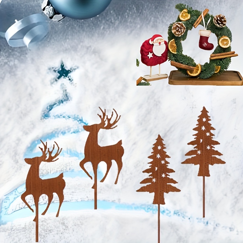 

4pcs Rustic Metal Garden Stakes Set - Classic Art For Outdoor Decor, Perfect Christmas Gift