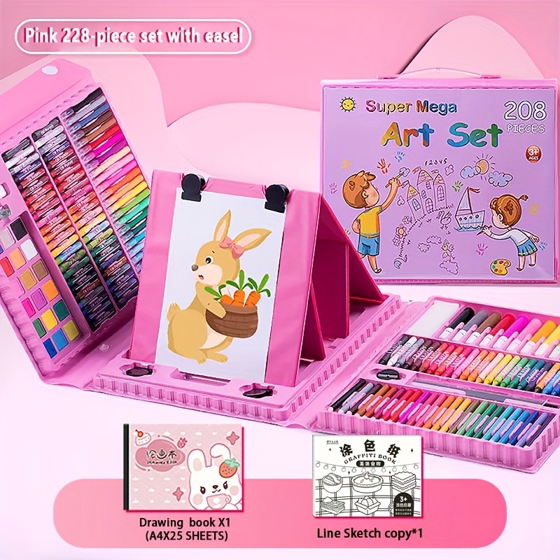 TEMU 228pcs Children's Drawing Set With Drawing Board, Colored Pencils, Watercolors, Oil Pastels, Crayons, Pencils, Erasers, Drawing Books, Acrylic