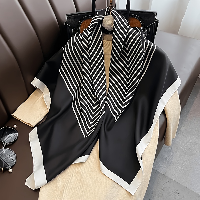 Faux Shawl Scarf, Minimalist Black & White Satin Square