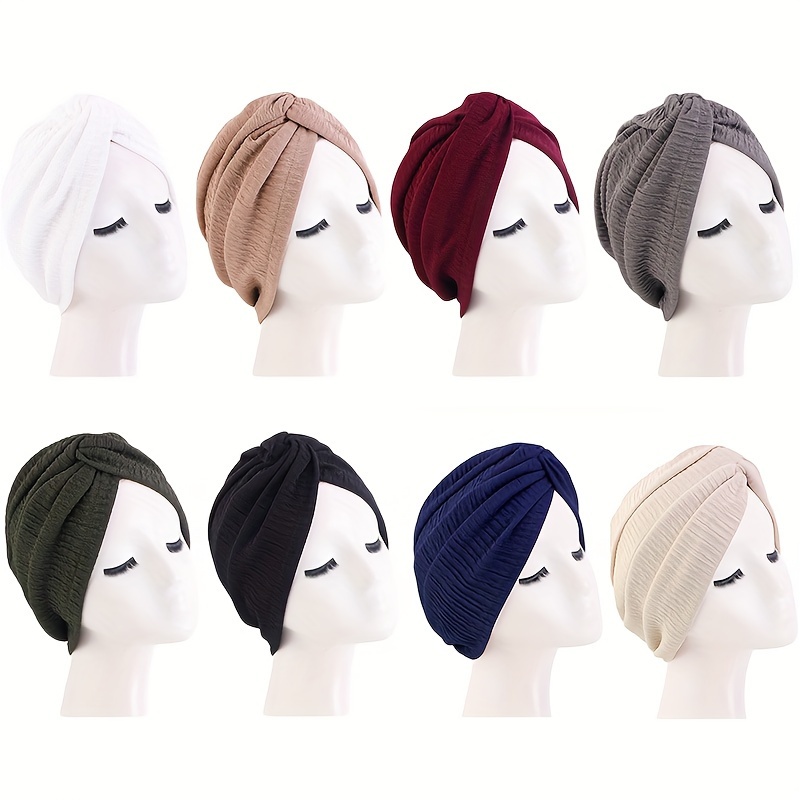 2pcs Set Pleated Crossed Headscarf Hat, Ethnic Turban, Pullover Middle Eastern Hijab
