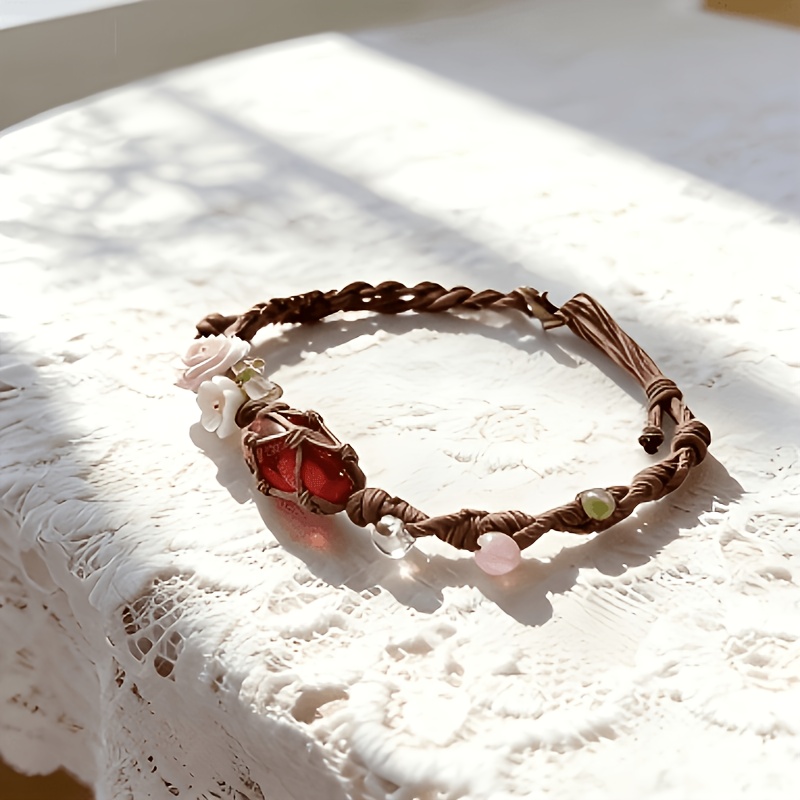 Red Crystal Flower Pendant Boho Bracelet