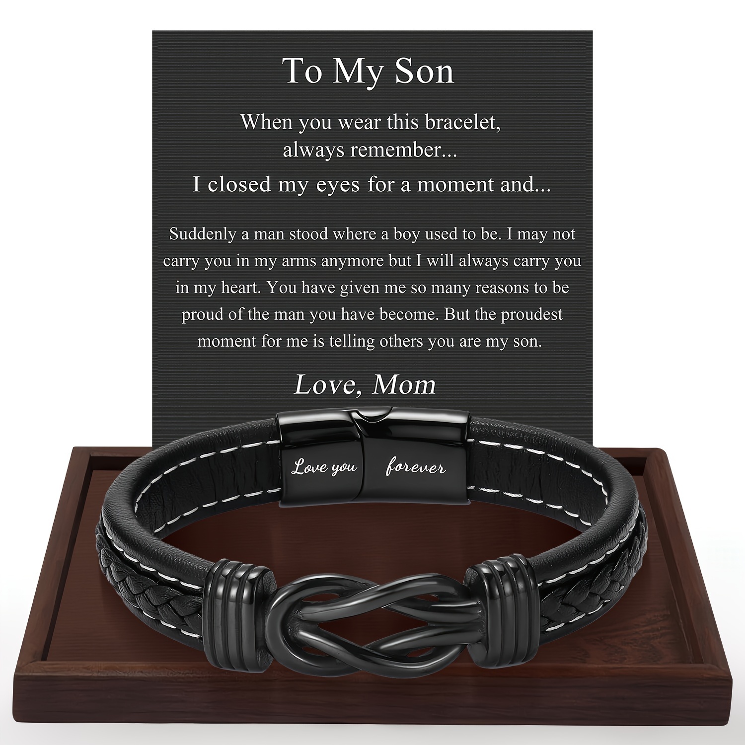 

1pc Bracelet en Cuir Synthétique Noir pour Fils - Cadeau de avec Message Gravé "Je T'aime" & "", pour Anniversaire, Diplôme, ou Saint-Valentin