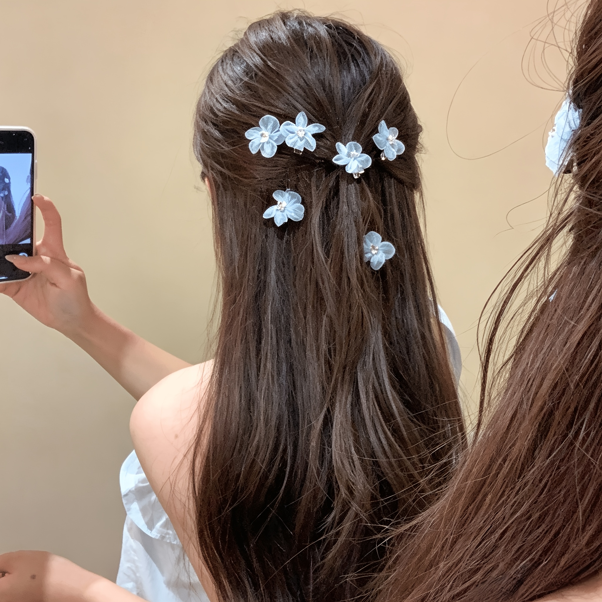 TEMU 6pcs Women's Hair Accessories Set: Blue Mesh Small Flower Hair Clips, Cute And Bangs And Hair Clips, Versatile Side Clips, Gentle And Ethereal
