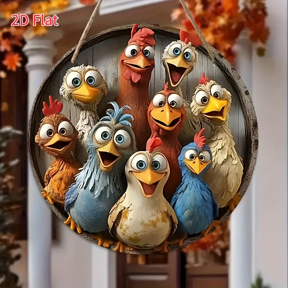 Image of 2d Flat, 2d Flat 8-inch Cartoon Chicken Wall Decor - Rustic Wooden Round Sign With Pre-drilled Holes And Hanging Rope, Vibrant , Home, Bar, Or Club, Chicken Decoration, 2d Flat