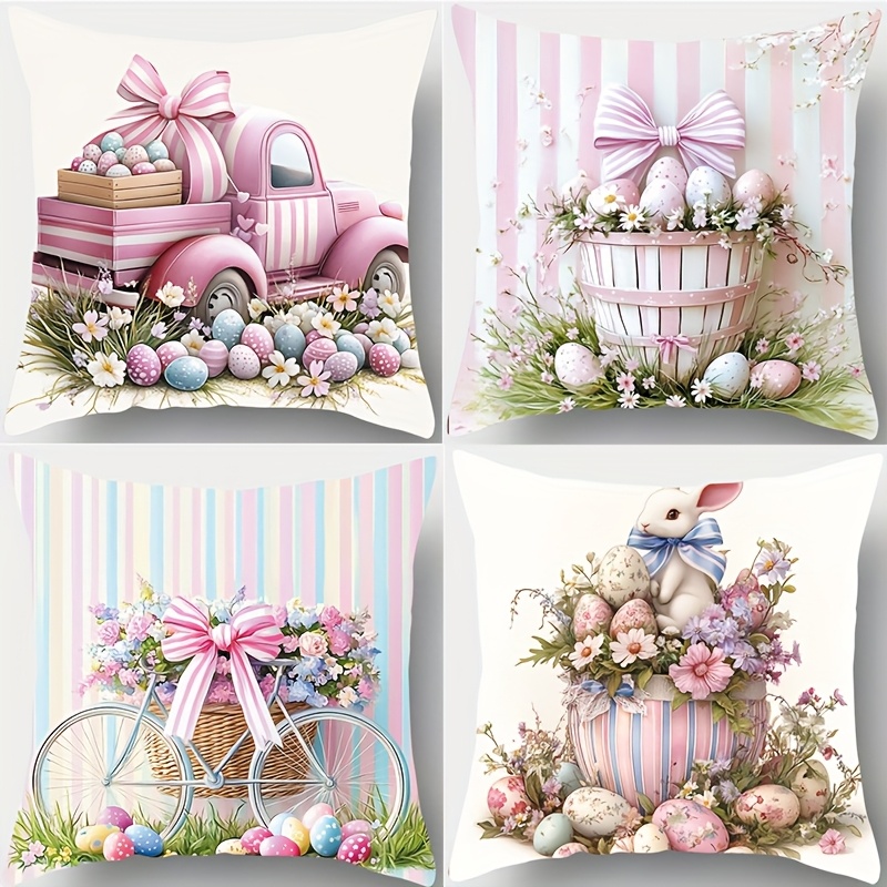 

4pcs Vintage & Floral Easter Pillowcases - Soft, Comfortable Polyester 17.72" X 17.72" Zippered Covers With , Bicycle, And Bunny Designs For Sofa And Bedroom Decor (no Inserts), Couch Pillow Covers