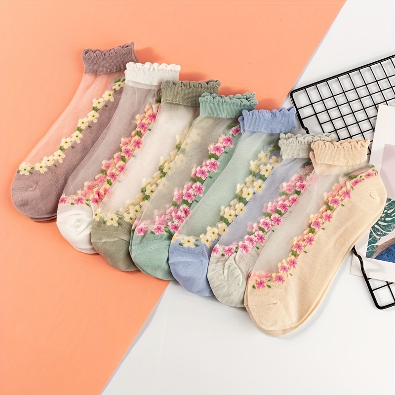 

7 Pairs Floral Mesh Socks, Cute & Sweet Ruffle Short Socks, Women's Stockings & Hosiery