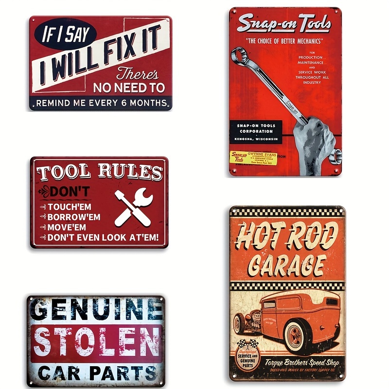 

5pcs, Vintage Metal Tin Signs, Funny Quotes Tinplate, Garage Retro Car Repair Mechanic Metal Plaque For Bar Bedroom Workshop Home Wall Decoration, Man Cave Signs Dust-proof 8x12 Inch