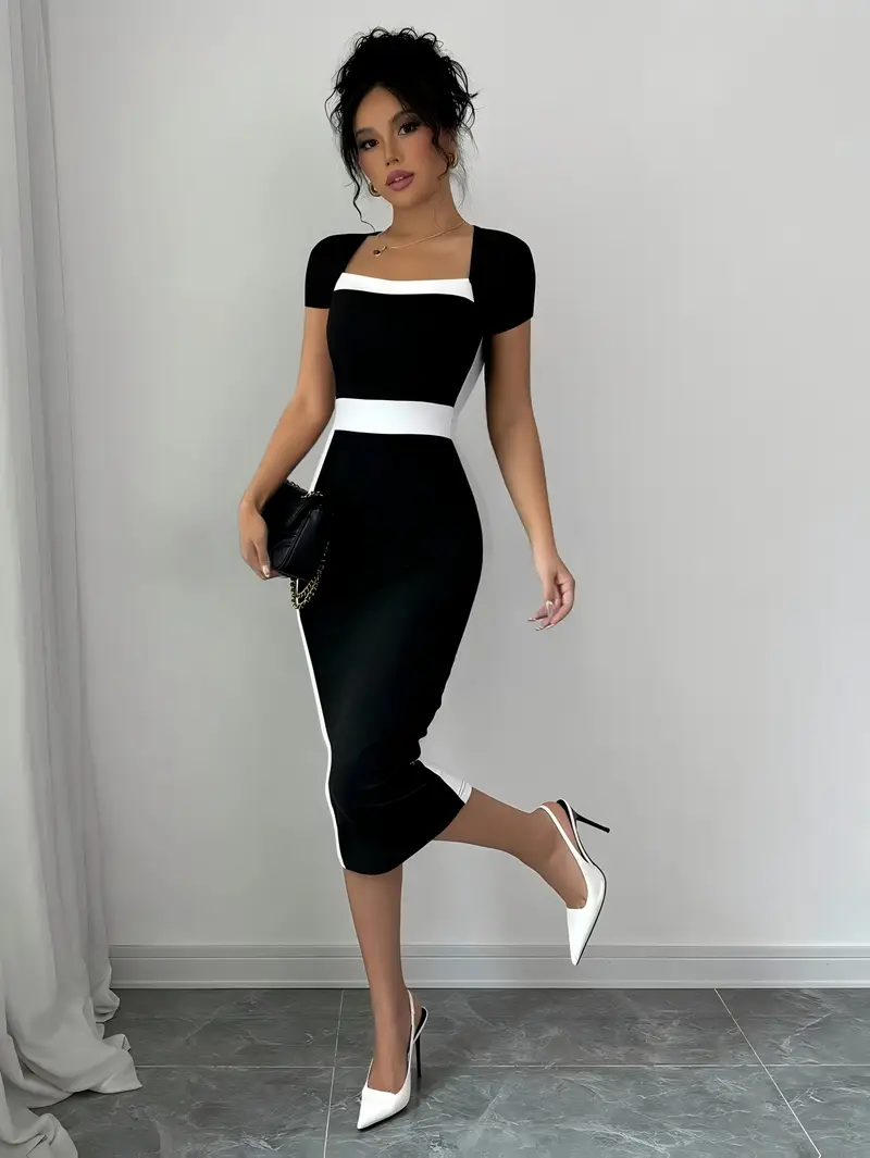 womens elegant color block square neck bodycon mini dress - Temu womens elegant color block square neck bodycon mini dress - Temu
