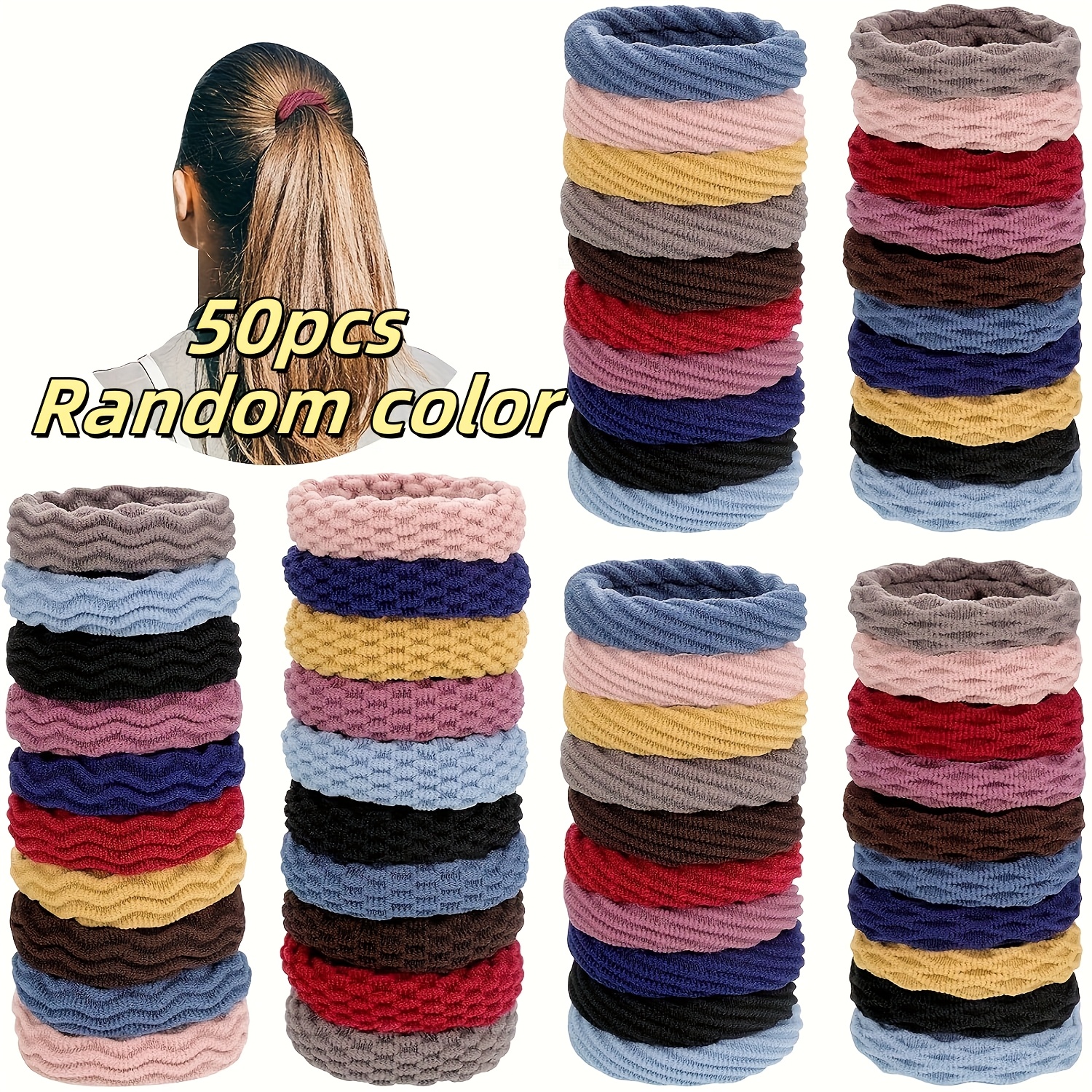 TEMU 50pcs Seamless Hair Bands 4 Styles Optional Ponytail Holder Thick Elastic Hair Bands Hair Bands Heavy For Thick And Curly Hair, Lightweight High (hair Ties Color Random)