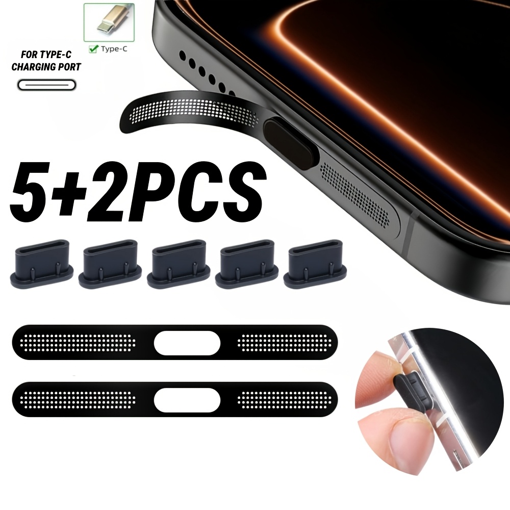 TEMU 2pcs Metal Speaker Dust Mesh And 5pcs New Silicone Type-c Dust Plug, Usb C Dustproof Mesh, Made Of Durable Metal Material Sputtering, For Iphone