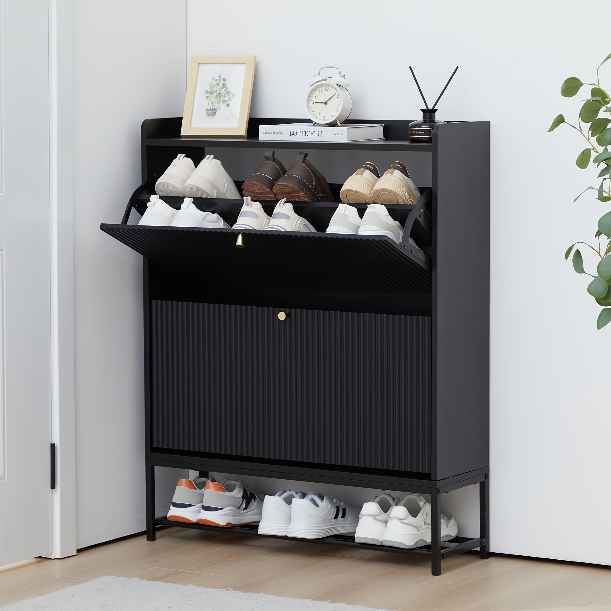 Fluted Shoe Cabinet With 2 Flip Drawers, Modern Slim Shoe Storage Organizer, Narrow Entryway Shoe Rack, Wooden Shoe Cabinet With Metal Legs For Heels, Boots, Slippers In Entrance