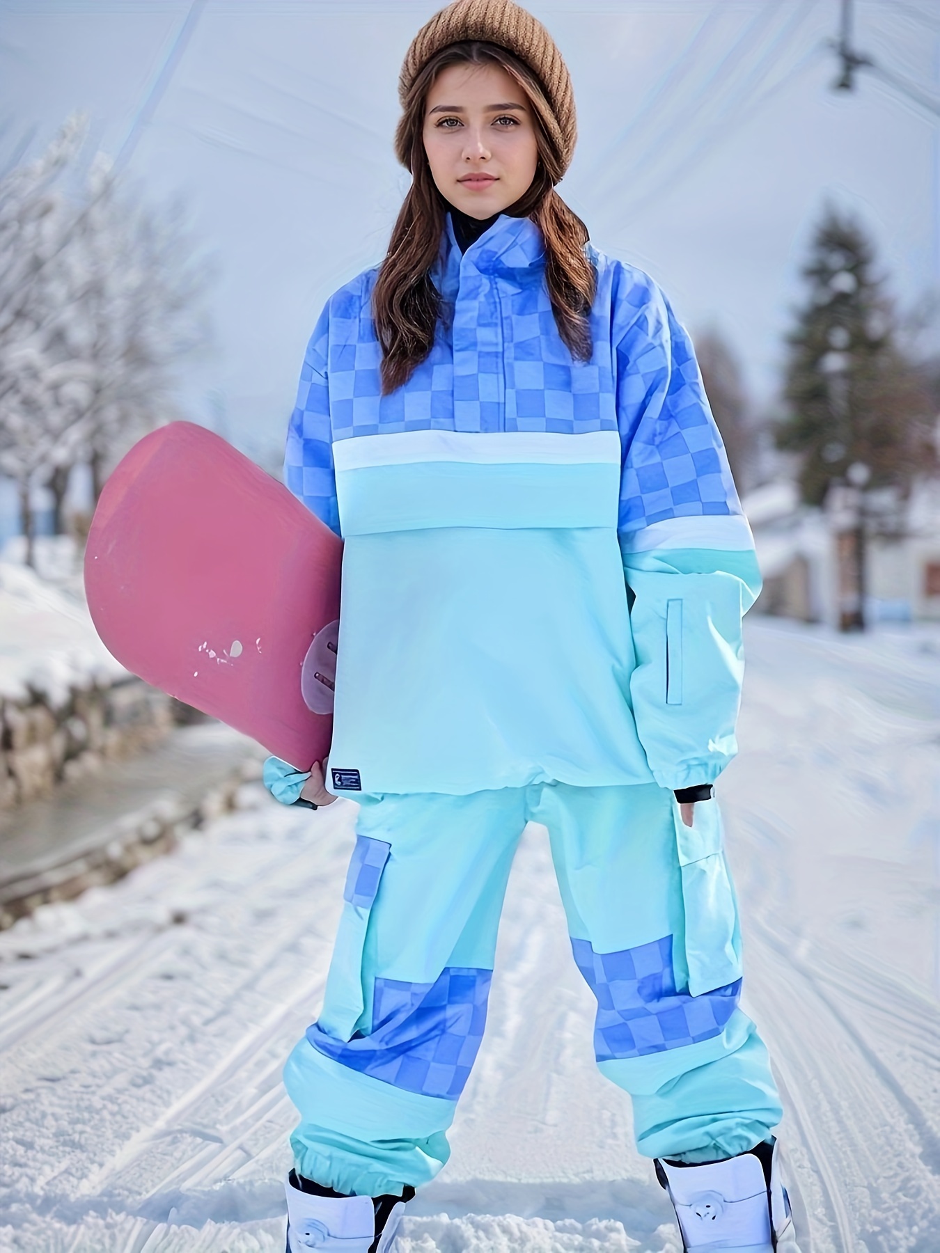 Women'S Stylish Blue and White Snowsuit with Checkered Pattern Warm  Winter Ski Gear, Pants and Jacket Set for Outdoor Activities *|Che