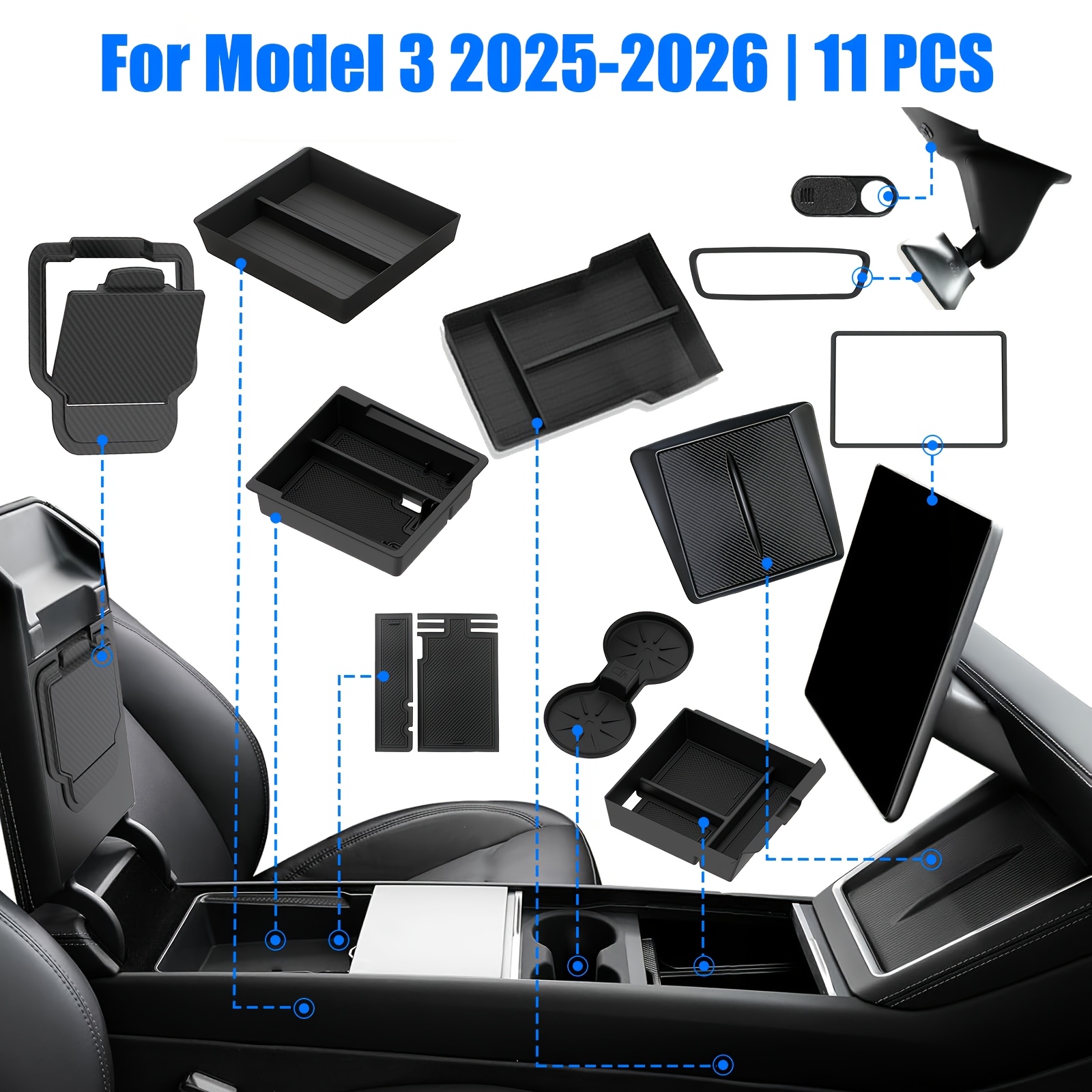 TEMU Para Tesla Model 3 Highland 2024 2025 2026, Organizador de Consola en 1 con Soporte para Vasos y Protector de Pantalla - Alfombrilla