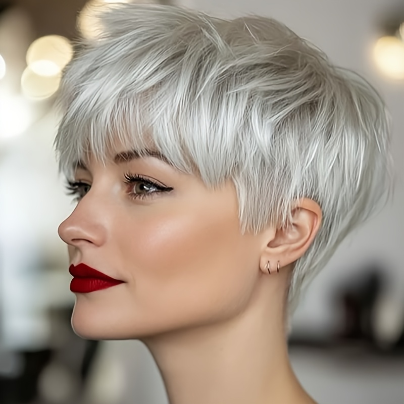 TEMU Elegant Short Cut Wig With Bangs - Platinum Blonde Synthetic Straight Hair For Women, Parties & , Short Hair Wig