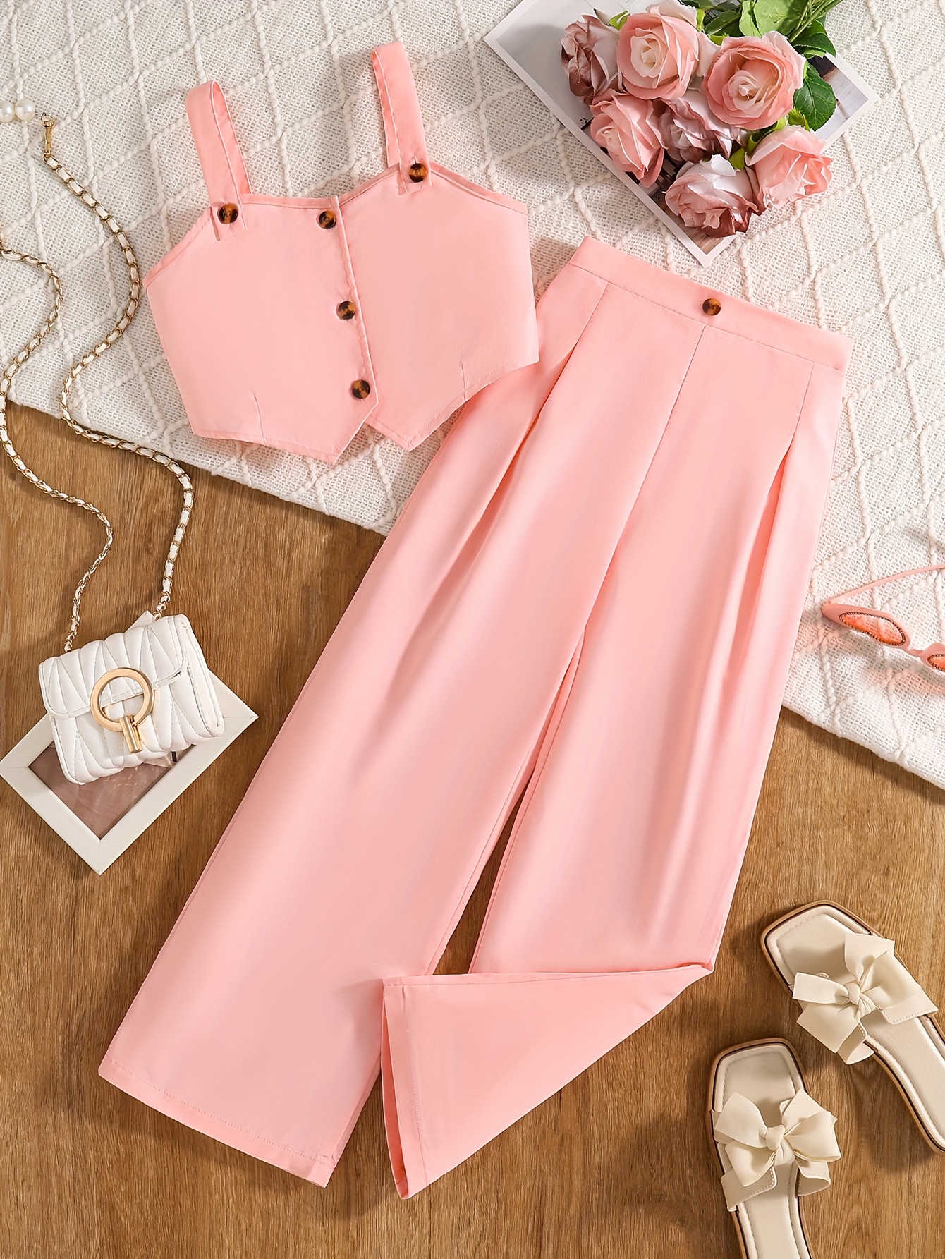 girls' fashion sleeveless pink loose pants two piece Temu