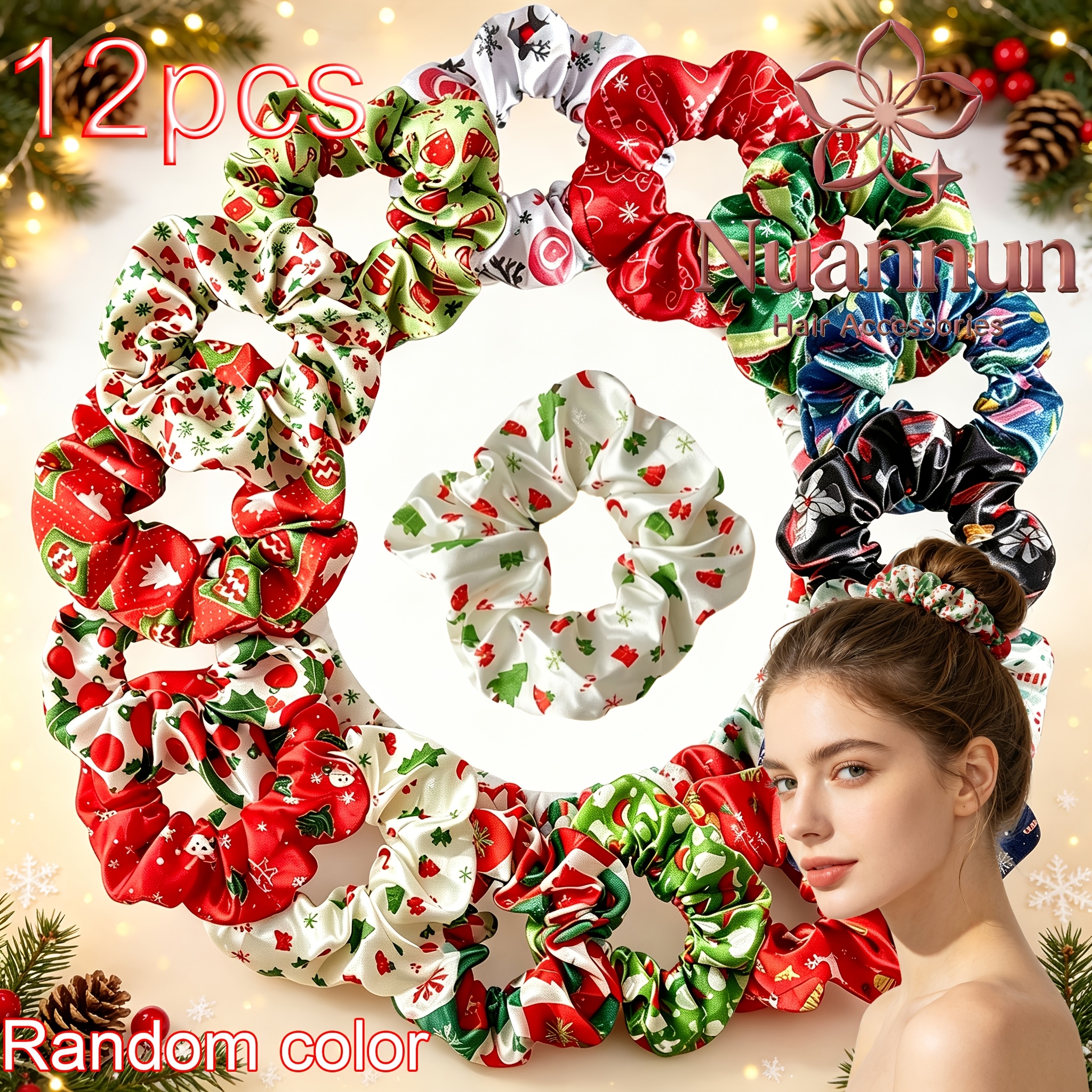 TEMU 12pcs Christmas Fashion Printed Random Satin Scrunchies High Elasticity Sturdy Durable Lightweight Breathable Soft Comfortable Holiday Gifting