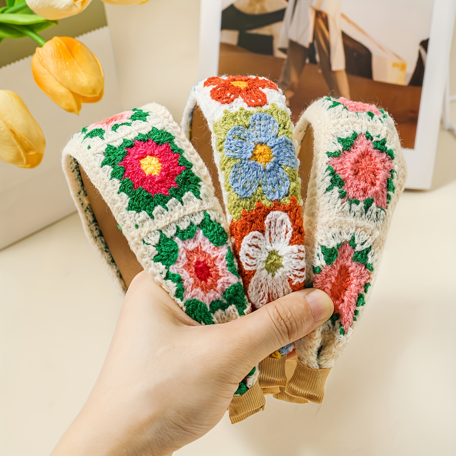 TEMU 3pcs Women's Crocheted Embroidered Flower Headband With Wide Rims, Bohemian , Suitable For Daily Use