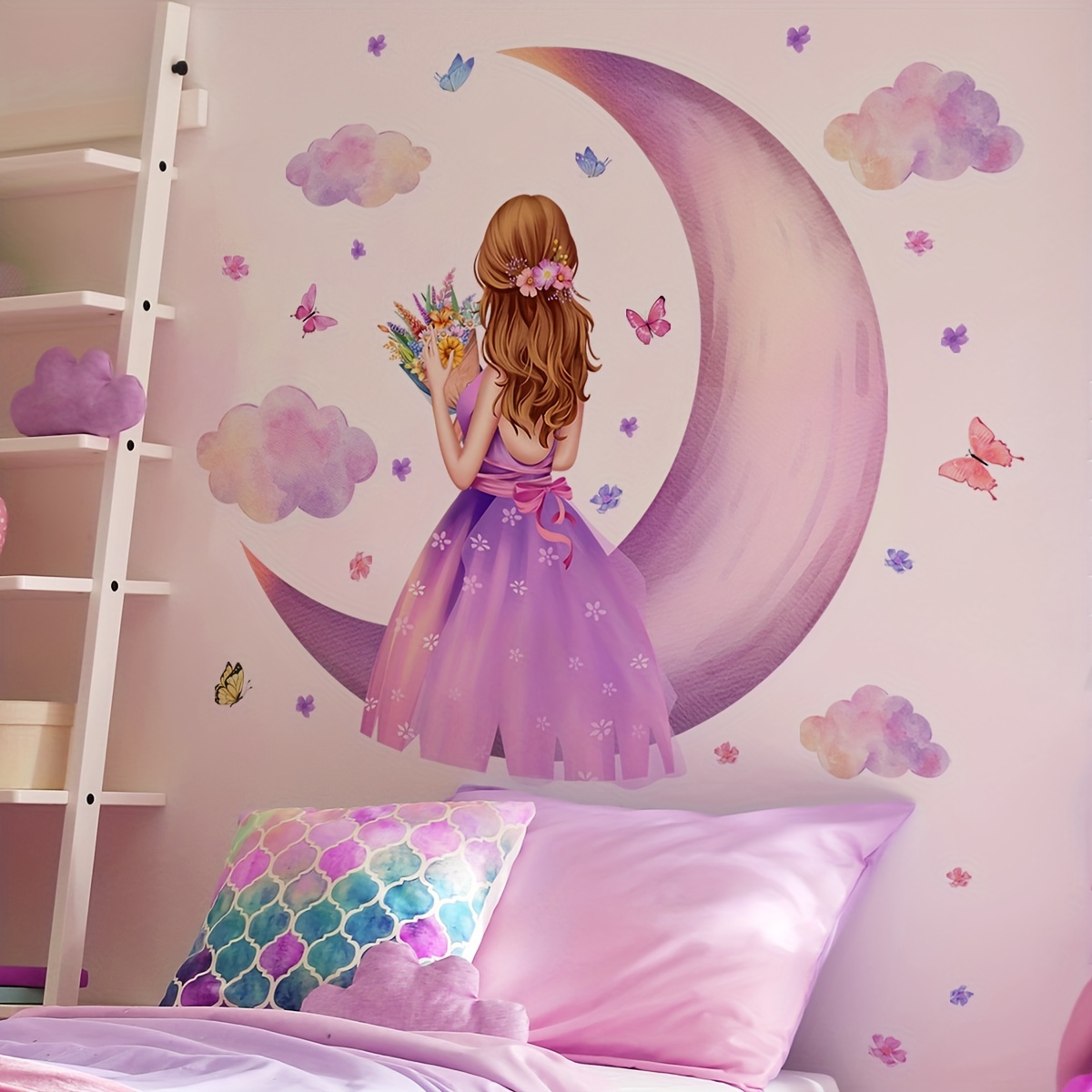 

1pc Fairy Girl With Flowers Moon And Clouds Wall Decals, Plastic Wall Stickers, Removable Art Decor For Living Room & Bedroom, Aesthetic Home Decoration, Room Decor, Beautify Your Home