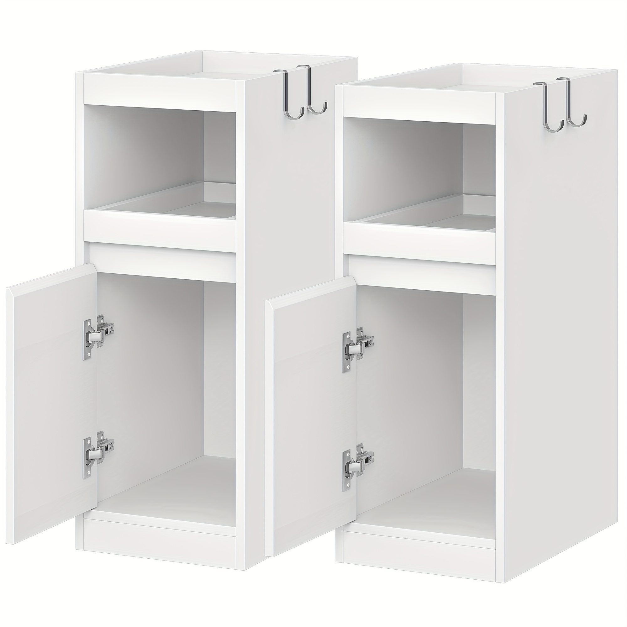 2pcs Modern Narrow Bedside Table Set With Door Cabinet & Side Table - Space- Wood Nightstands Suitable For Small Spaces, Compact For Bedroom/living Room, , White (door & Hooks Storage)