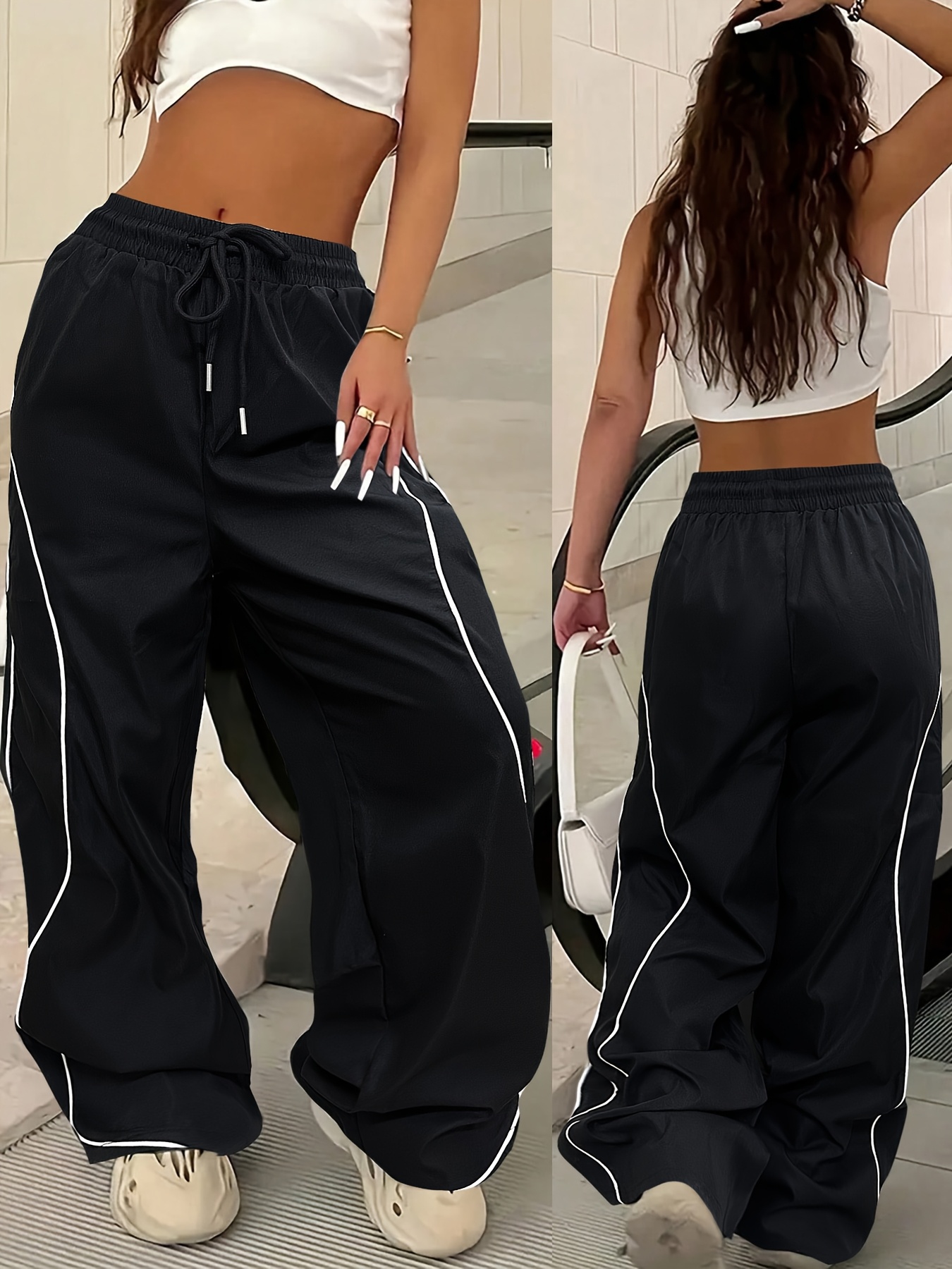 Women'S Striped Color-Contrast Wide Leg Pants with Drawstring Waist, Y2K Style, Non-Stretch Fabric, Perfect for Casual Outings