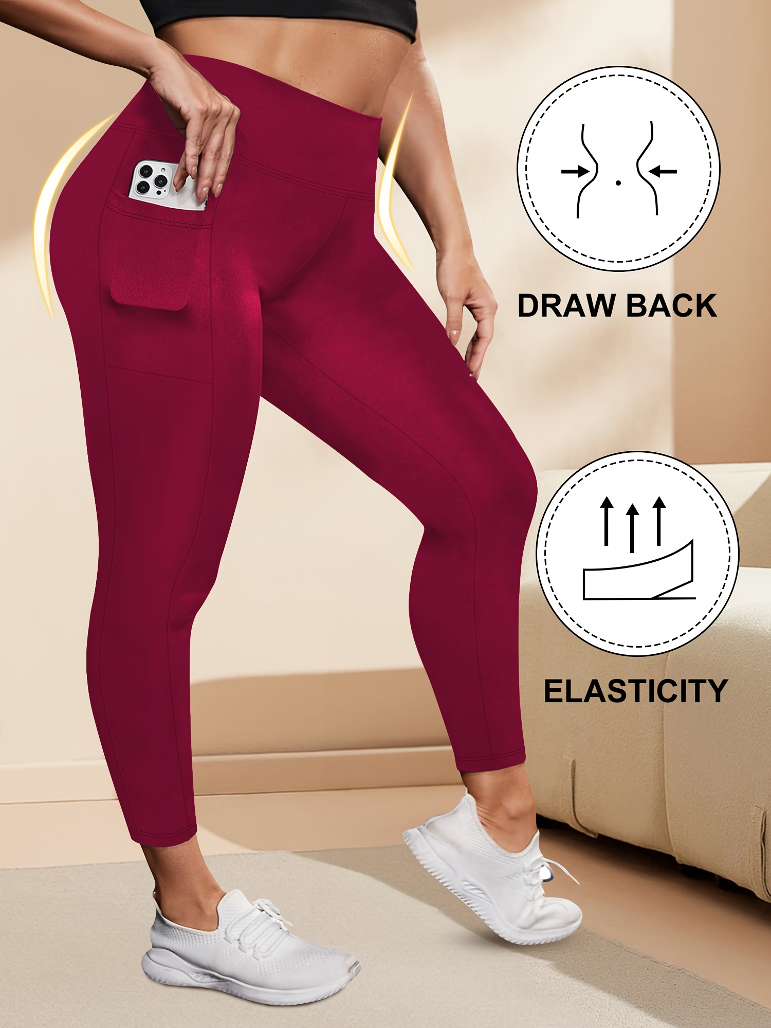Plus Size - Women'S High-Waist 9/3 Length Leggings with Side Pockets - Stretchy, Solid Color, Casual Leggings for Daily Wear, Leggings | Highwaist Leggings | Comfortable Fit