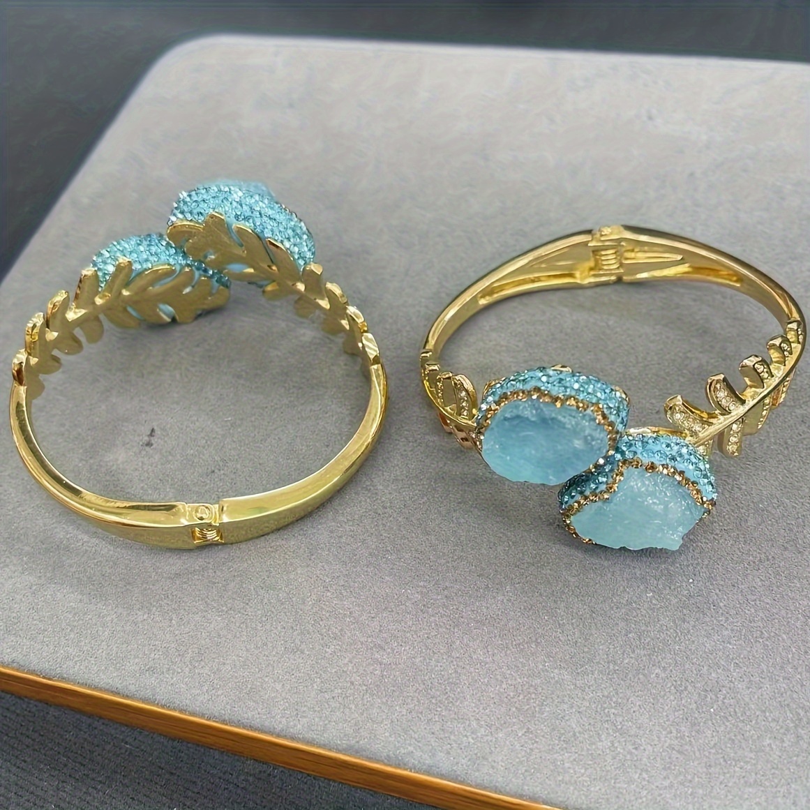 

Bohemian & Minimalist Style Gold Plated Natural Aquamarine Raw Stone Clay Inlay Adjustable Leaf Double Bangle Bracelets, Delicate Female Gift
