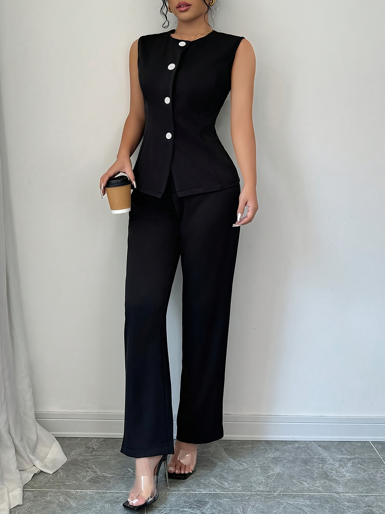 Traje Pantalón Camisa Negra Y Pantalon Negro Mujer Conjunto