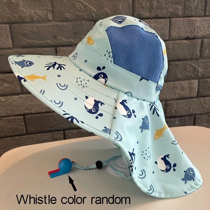 

Kids Wide Brim Breathable Mesh Adjustable Sun Hat With Random Color Whistle, Unisex Uv Protection Fisherman Cap With Neck Flap, 48-52cm