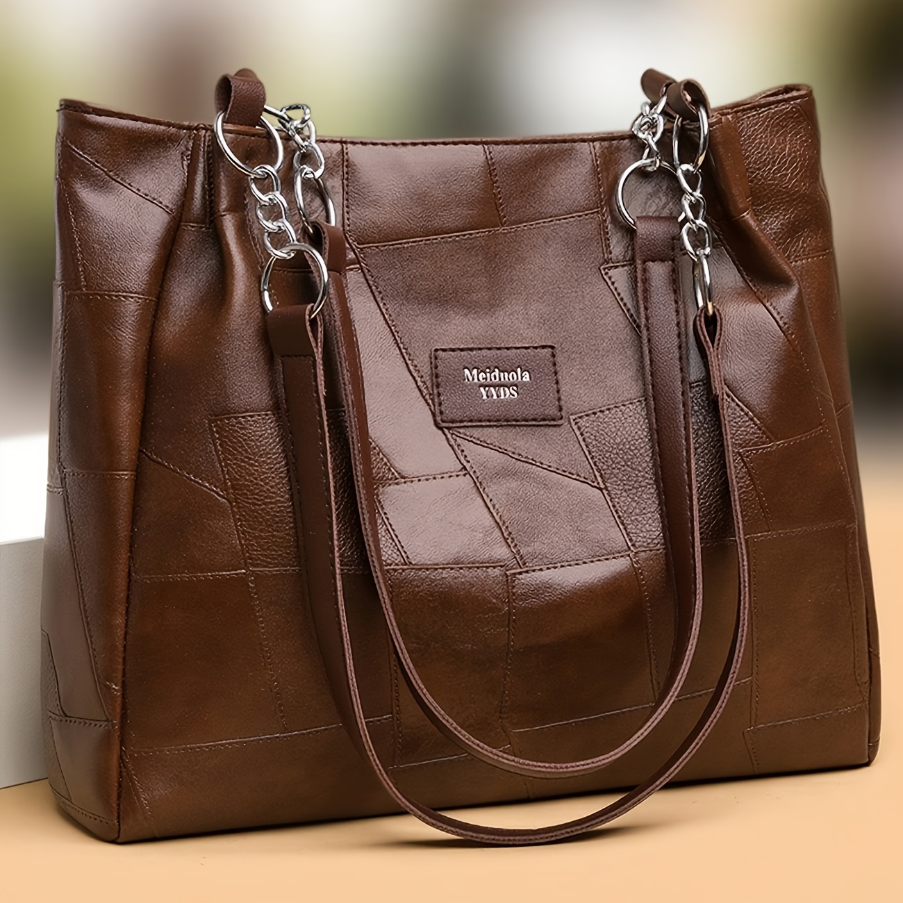 TEMU Retro Elegant Geometric Stitching Women's Shoulder Bag, Large Capacity Design, Easy And Versatile Armpit Bag, Unique Double Chain Shoulder