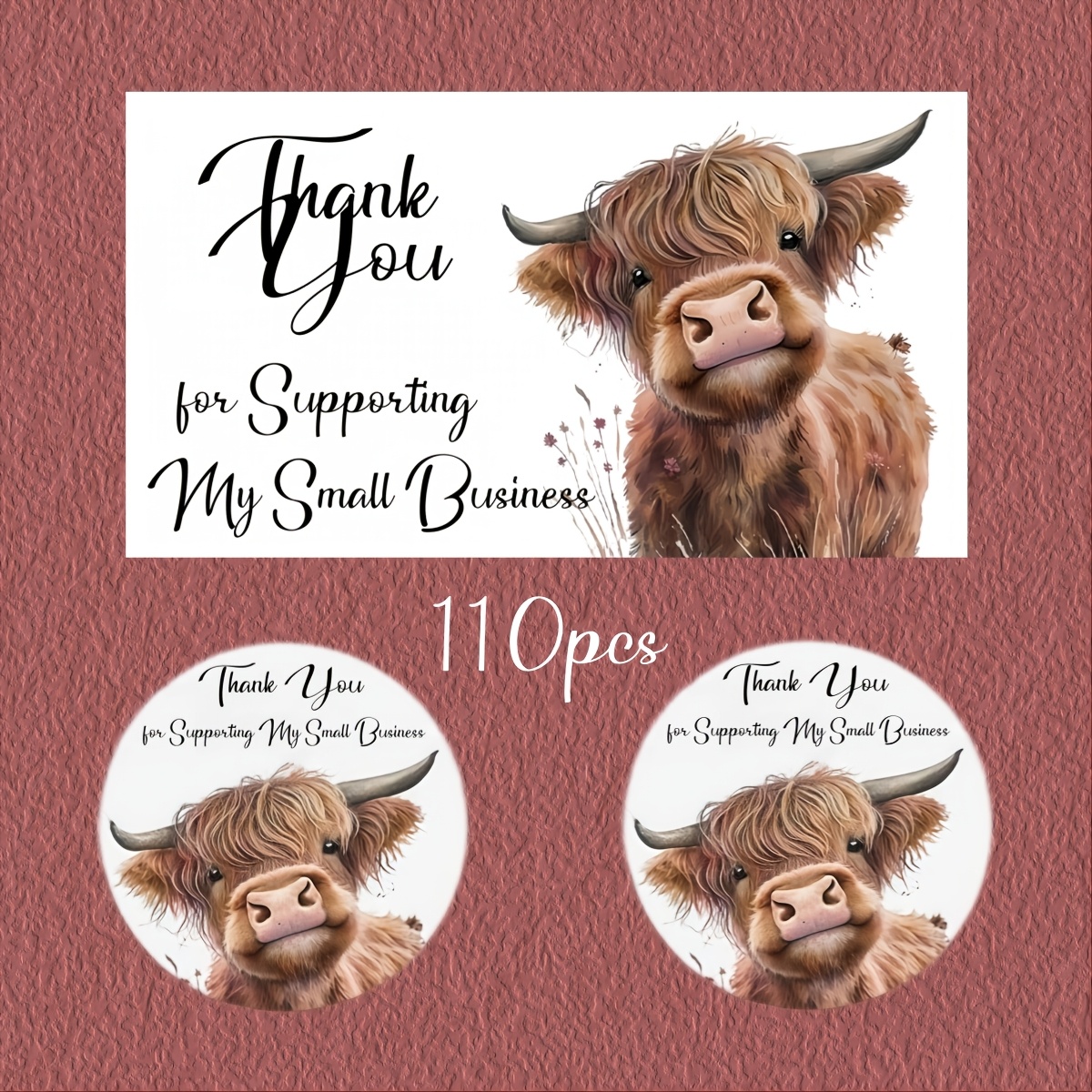 TEMU 110pcs Highland Cow Thank You Cards And Stickers Set, Thank You For Supporting My Small Business Cards And Stickers