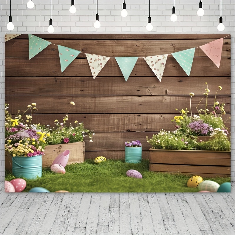 1pc fabric spring easter backdrops photography wrinkle free happy bunny rabbit green grass brown wooden portrait background photo studio shooting photography background feet decoration props party photo shoot backdrop
