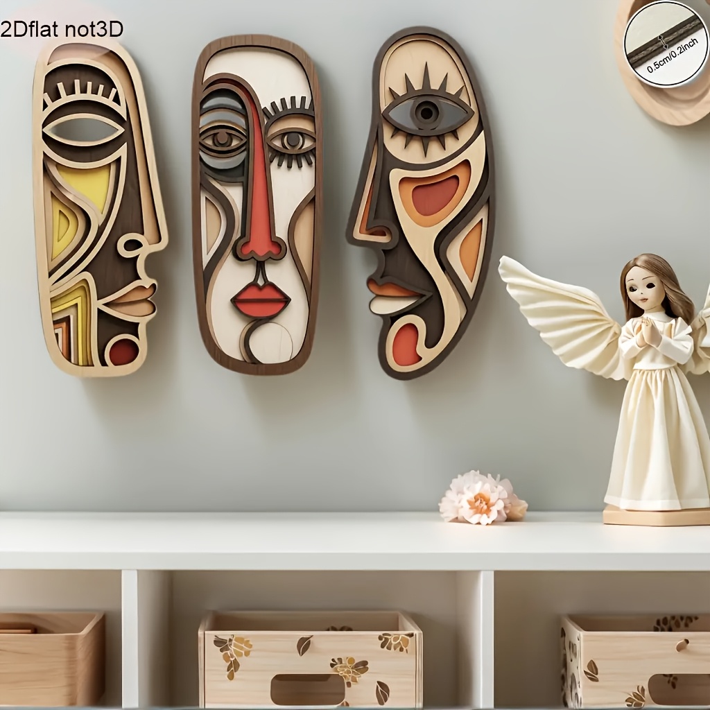 E-shop 2D-Flach, 3-tlg., 2D, Geometrische abstrakte Gesichts-Holz-Wanddeko, geeignet für Schlafzimmer, Küche, Außenbereiche, Büro, Geschenke – für