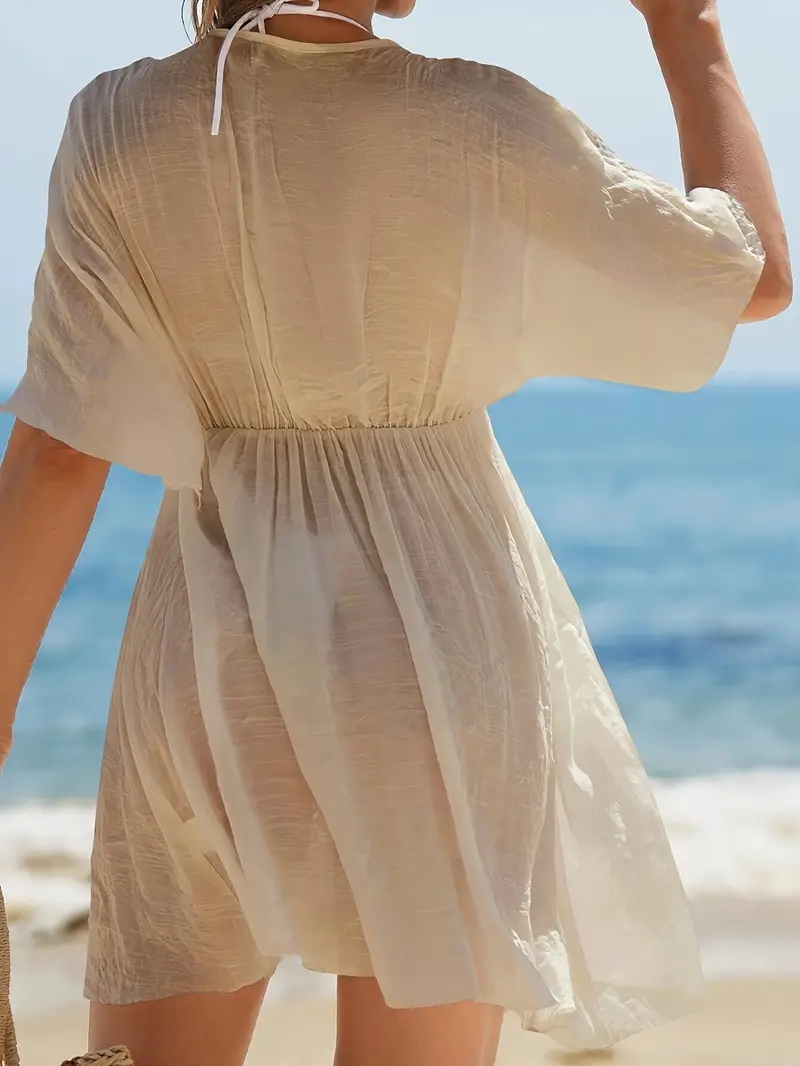 Women's Elegant V-Neck Lace Trim Beach Cover-Up Dress - Lightweight Semi-Sheer Summer Dress with Contrast Lace Panels, Machine Washable for Poolside & Women's Elegant V-Neck Lace Trim Beach Cover-Up Dress - Lightweight Semi-Sheer Summer Dress with Contrast Lace Panels, Machine Washable for Poolside &