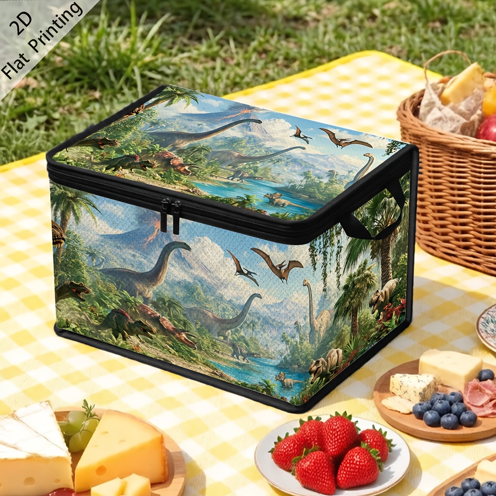 TEMU 2d Flat Printing | 1pc Large Foldable Zippered Storage Basket, Prehistoric Jungle With Dinosaurs And Volcano, Vintage Fabric Organizer For