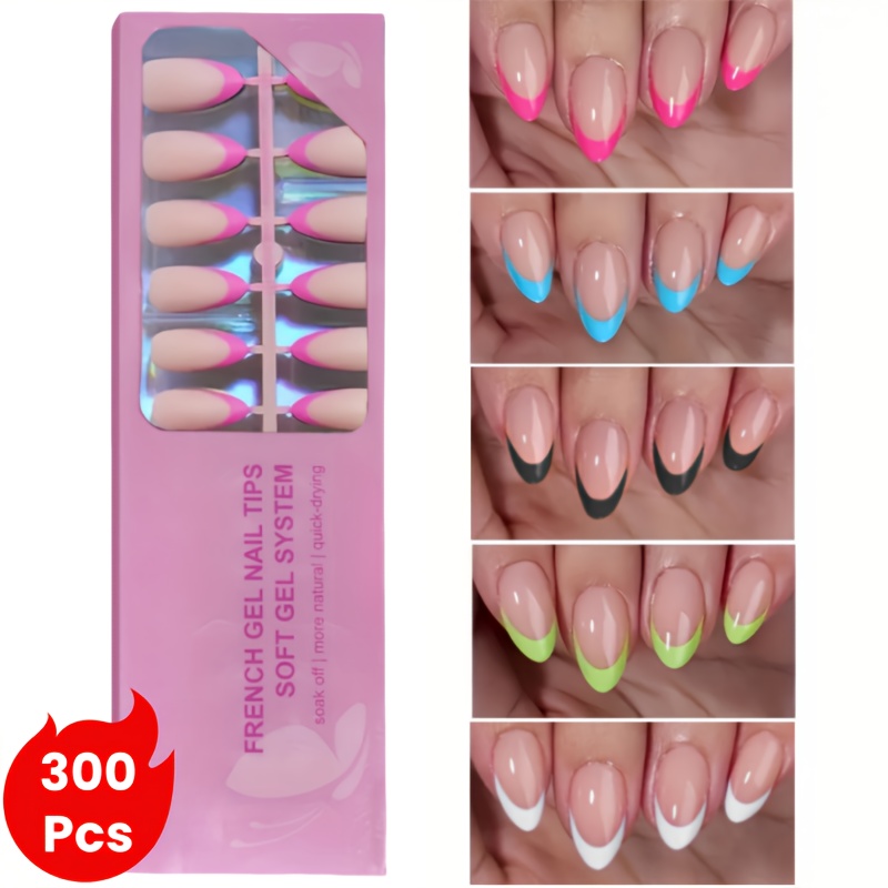 Image of 300pcs Short Almond Press On Nails, Blue, Green, Pink, White, Black French Tip Soft Gel Nail Tips, Used As False Nails For, Easy And Versatile Style In 15 Sizes Suitable For Women