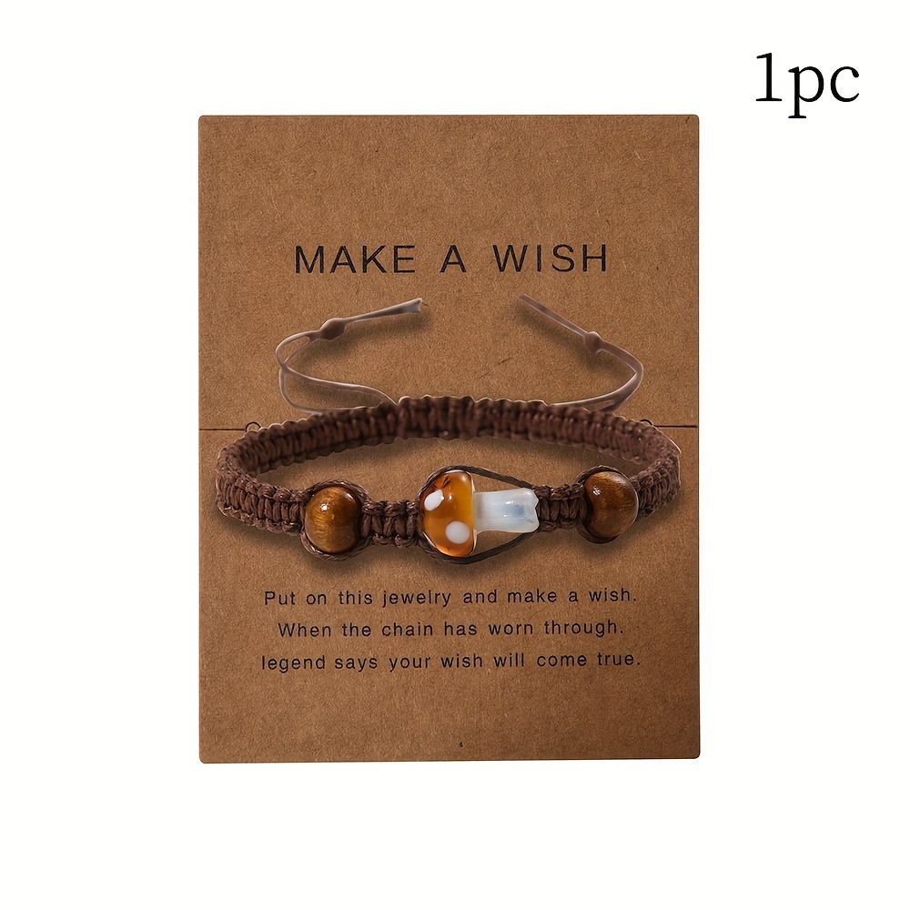 Image of 1pc Women Men Braided Mushroom Wooden Bead Bracelet For Daily Decoration, Holiday Gift For