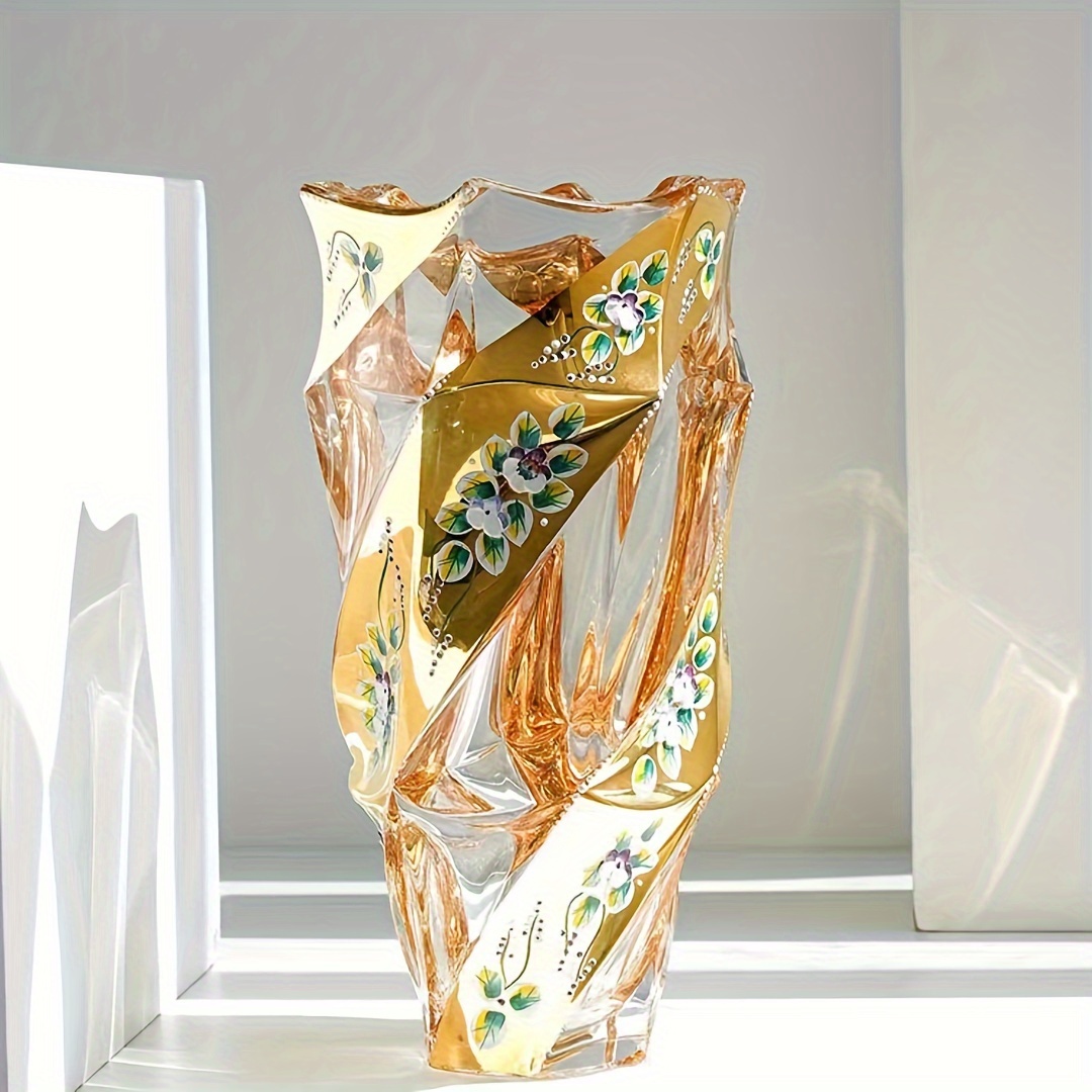 

1pc Beautiful Crystal Glass Vase With Luxury Golden Enamel Flower Enamelware, European-style Ornament Vase, Housewarming Gift