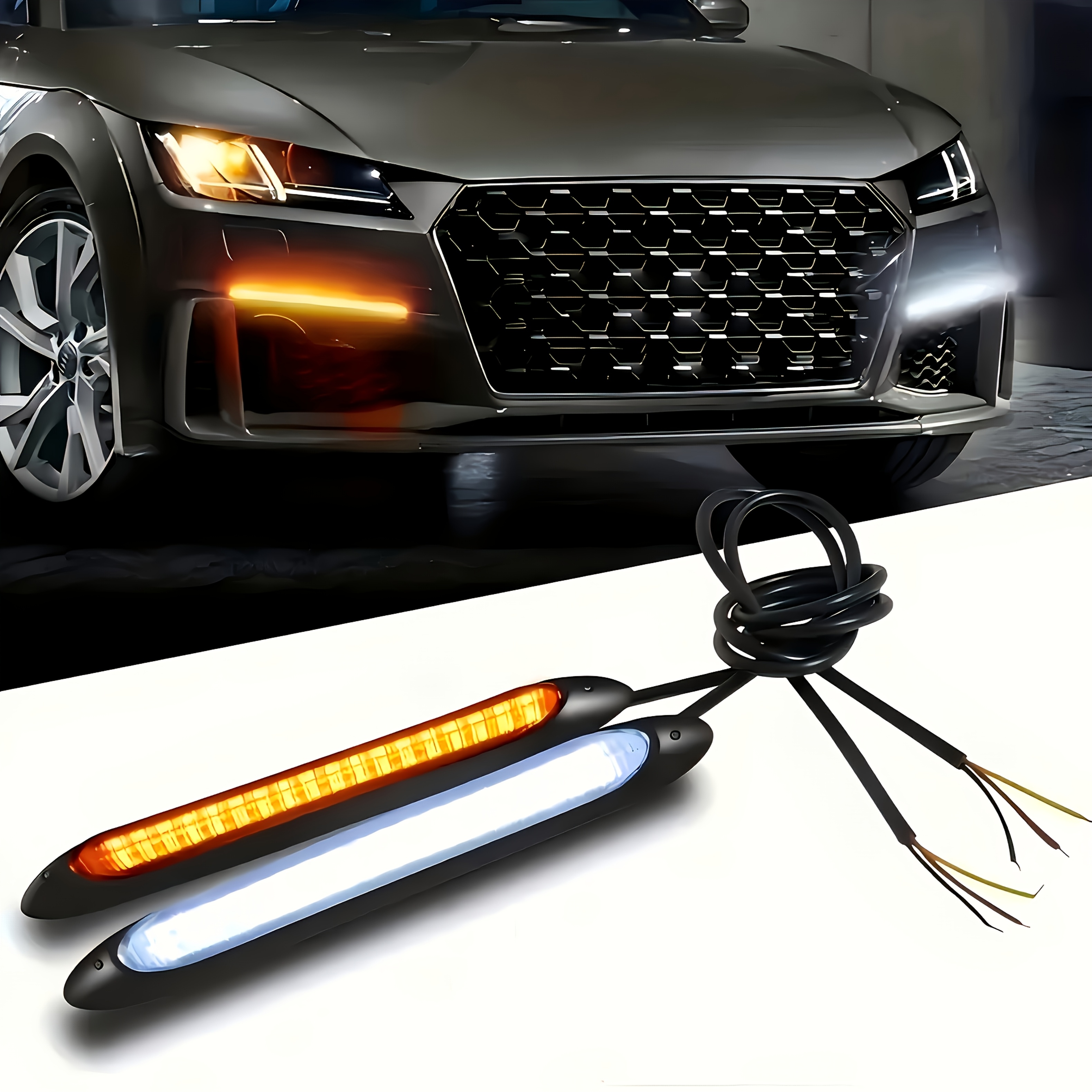 TEMU 2pcs Lampe LED pour voiture, lumière décorative blanche et jaune, bande lumineuse de flux de balayage, lumière de , lumière de calandre, lumière