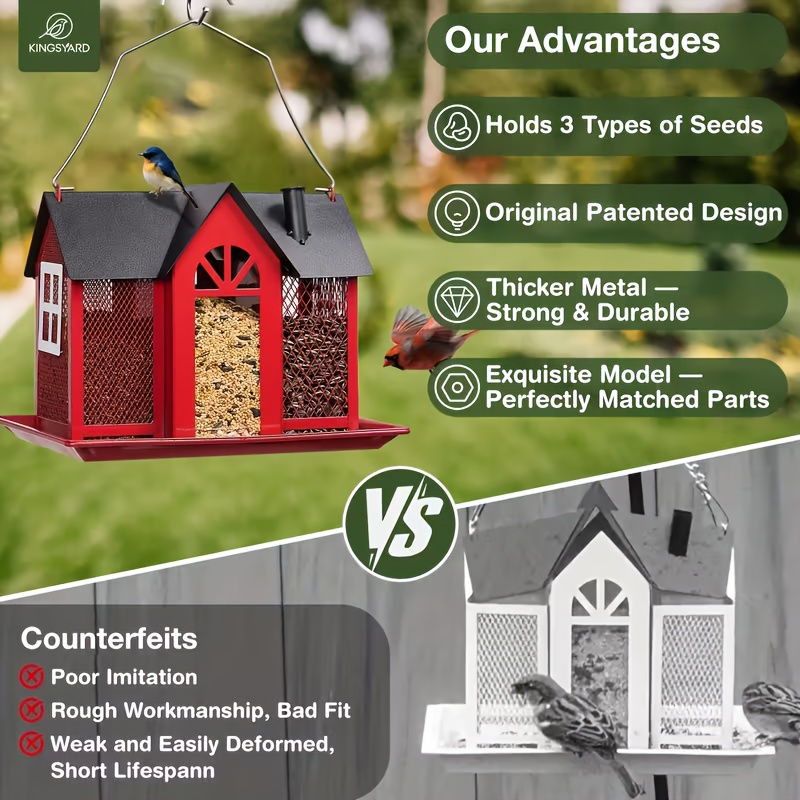 Outdoor Bird Feeder House · Designed with A Large Capacity And Equipped with Triple Feeding Ports · It Is Weatherproof, Durable And Easy to Refill - And Suitable for Outdoor Spaces, Gardens, Porches, Balconies And Country Houses