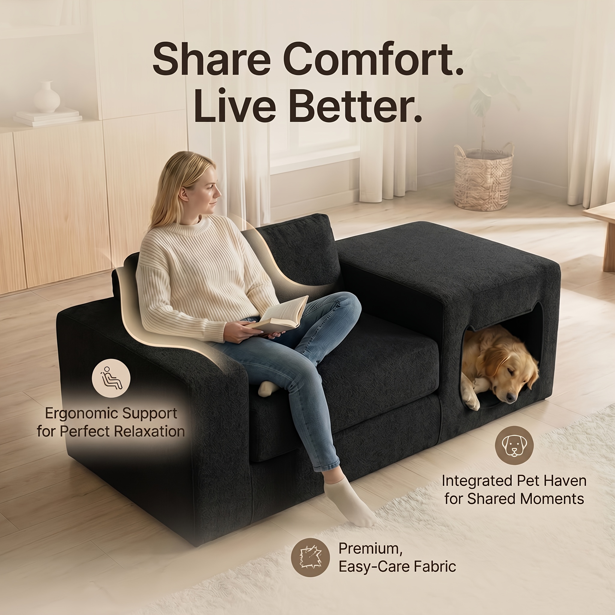 Comfy Deep-Seat Single Sofa with Exclusive Pet Resting Space, Made of High-Density And High-Resilience Foam. No Assembly Required, Multifunctional Modular Design, Suitable for Various Home Interior Decoration Scenarios