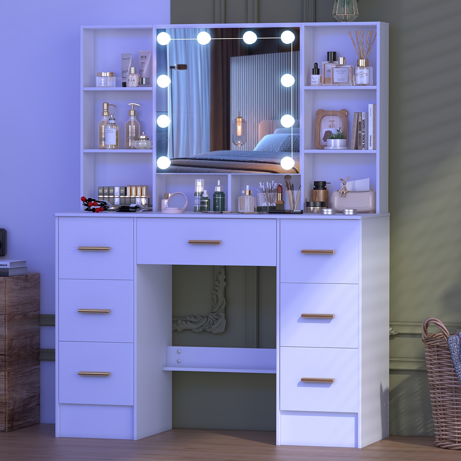 modern white solid wood dresser with drawers illuminated vanity     adjustable lighting   large capacity storage functional fashion dresser for ladies   for birthday gifts   local warehous Product details 3