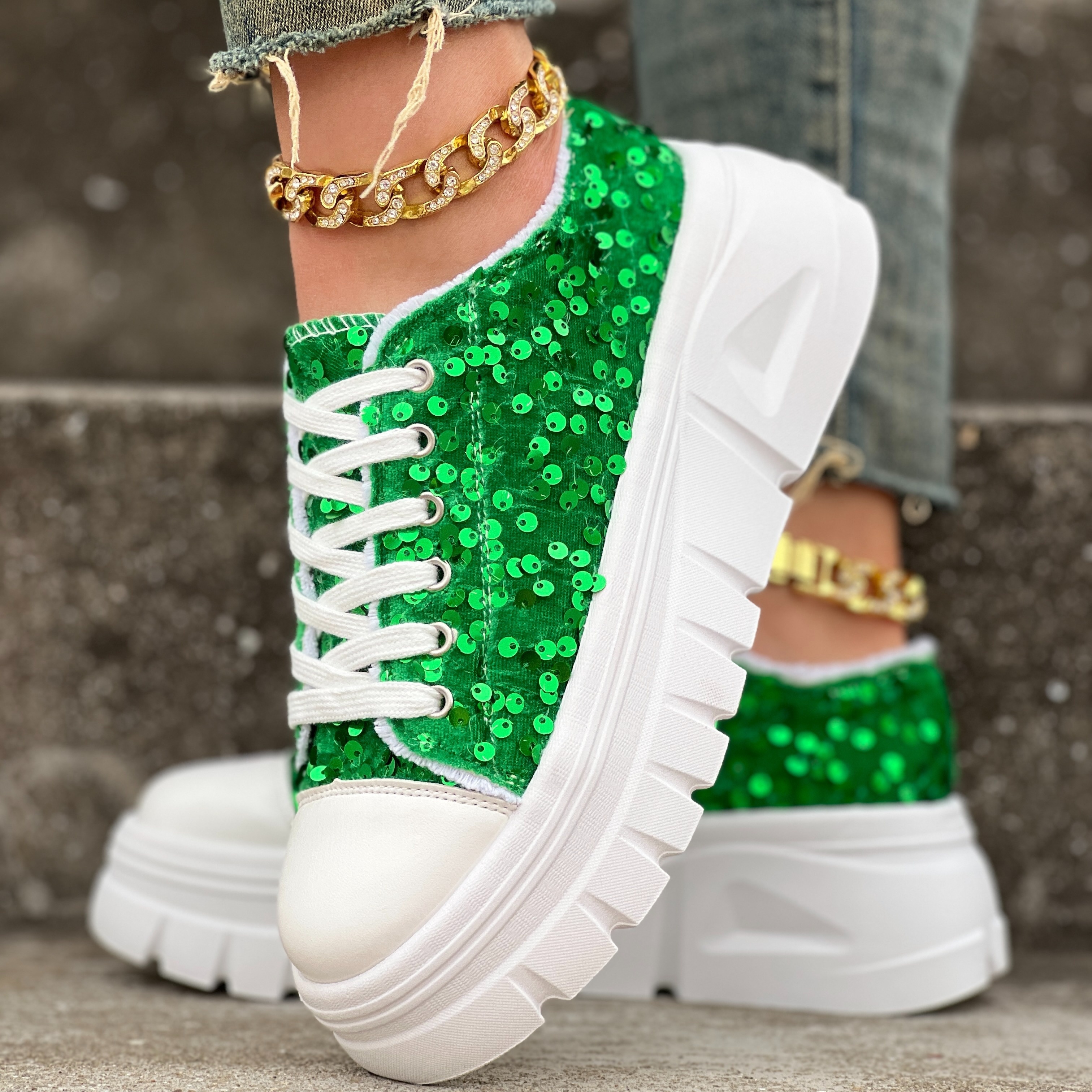 womens glittery green platform sneakers round toe thick sole - Temu