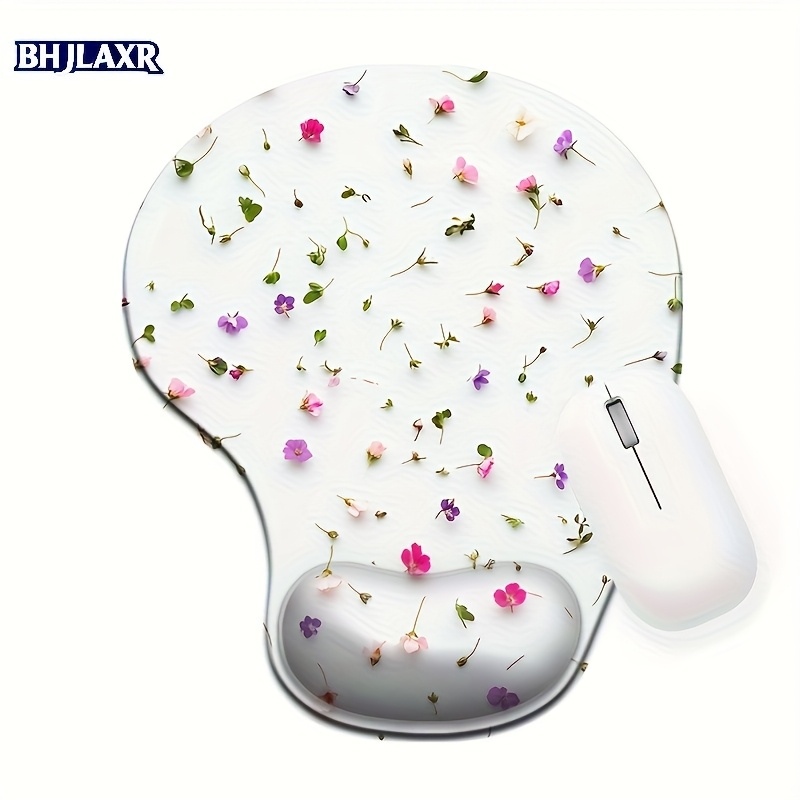 Image of 1pc 2d Flat Delicate Small Flowers On White Silicone Wrist Rest Mouse Pad - 8.98 X 7.56 Inches - Fresh & Natural, - Lightweight & Portable