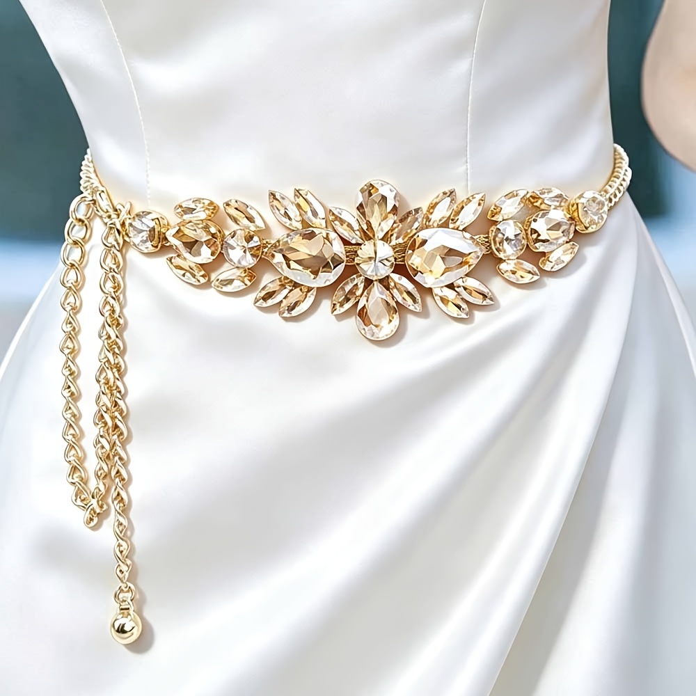 TEMU 1/2pcs Women's Elegant Adjustable Rhinestone Chain Belt - Retro Bohemian Style, Suitable For Parties And Evening Wear, Golden, Belt, New Women's