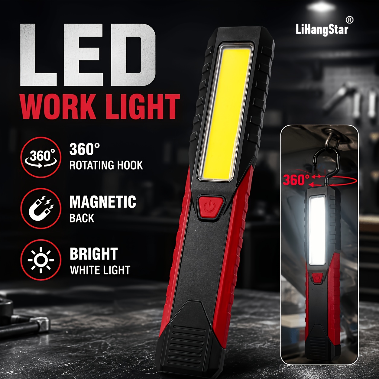 TEMU Torcia portatile COB da esterno, luce da lavoro ricaricabile USB, con gancio e regolabile, supporto magnetico, adatta per illuminazione da
