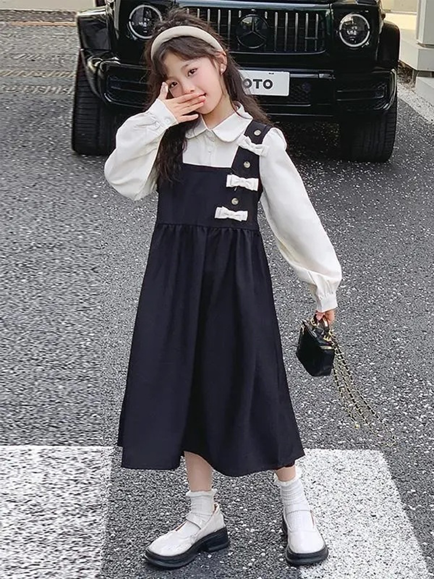 girls preppy style dress with   two-piece design - long sleeve, black & white contrast, bow detail,   spring & fall, casual to formal wear, casual dressing | contrast color dress |   dress Product details 3