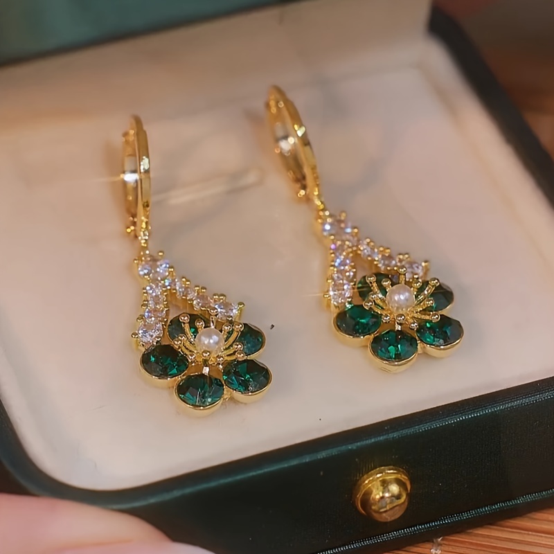 elegant green cubic synthetic synthetic zircon flower earrings luxurious alloy dangle jewelry for   for parties gifts Product details 7