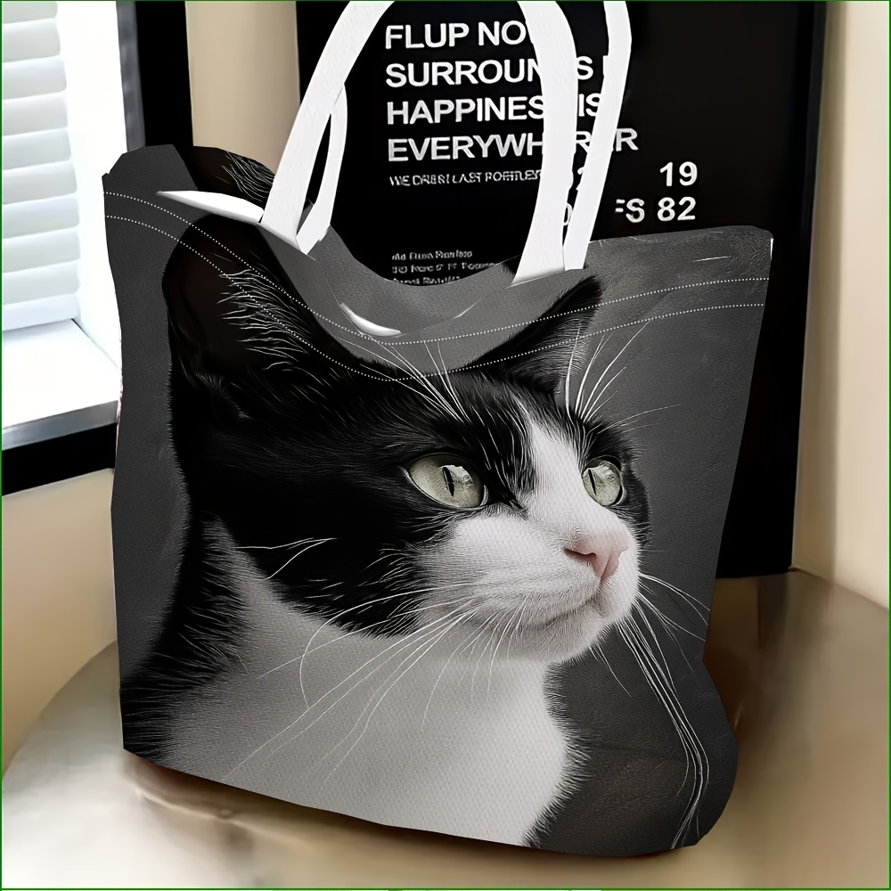 TEMU 1pc Exquisite Shoulder Bag, Black And White Cat Portrait Pattern Women' Shoulder Bag, Multifunctional, Handbag, Clutch, Evening Bag, Travel